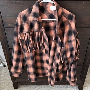 Entro Plaid Fringe Button Down Shirt - Black and Orange